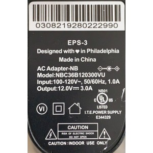 CARGADOR / ADAPTADOR DE FUENTE DE ALIMENTACION AC XFINITY / NUMERO DE PARTE NBC36B120300VU / EPS-3 / ENTRADA VCA 100-120V~ 50/60HZ, 1.0A / SALIDA VCD 12V 3.0A / MODELO NBC36B120300VU